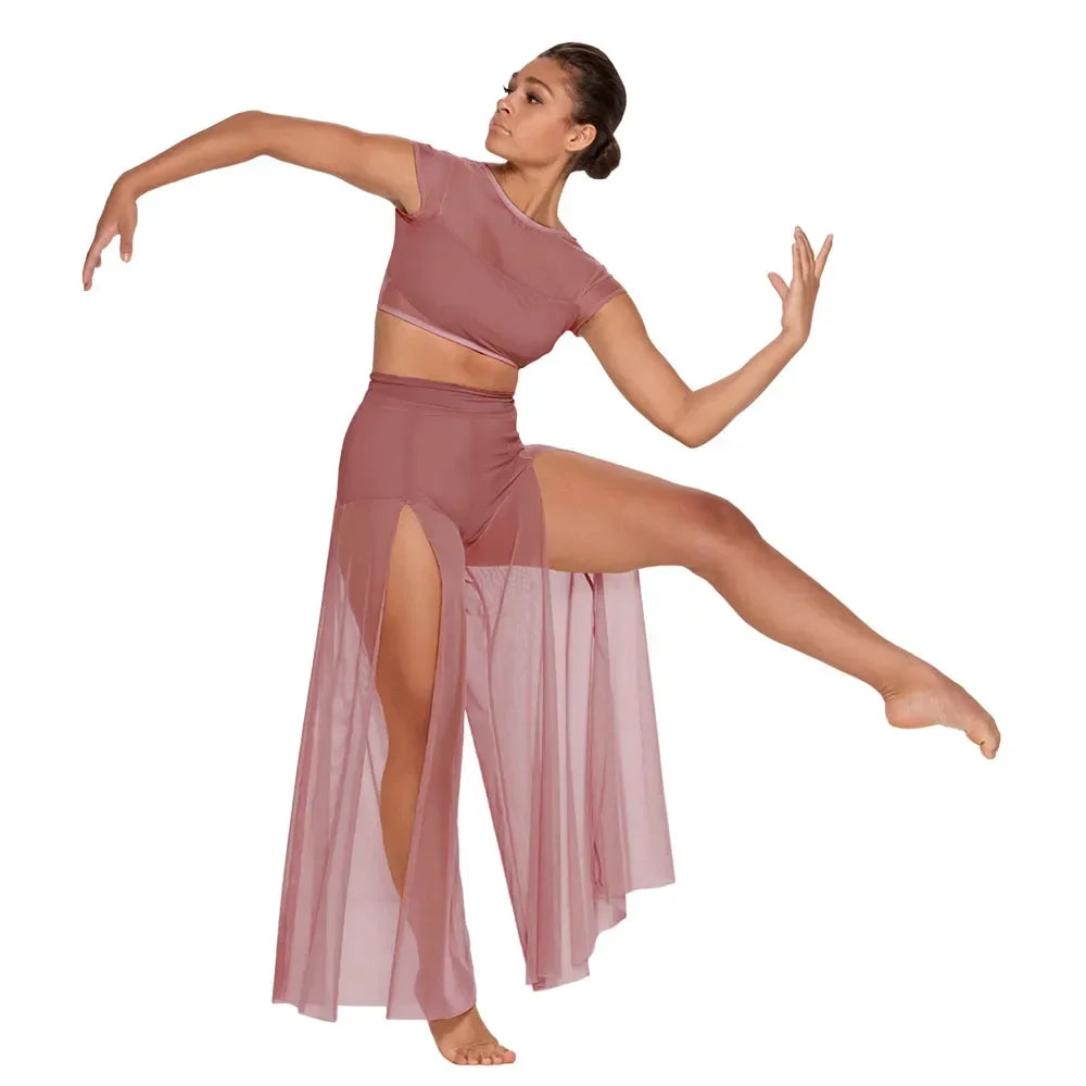 MiDee Modern Ballet Dance Set – Mesh Top & Wide Leg Pants for Women & Kids