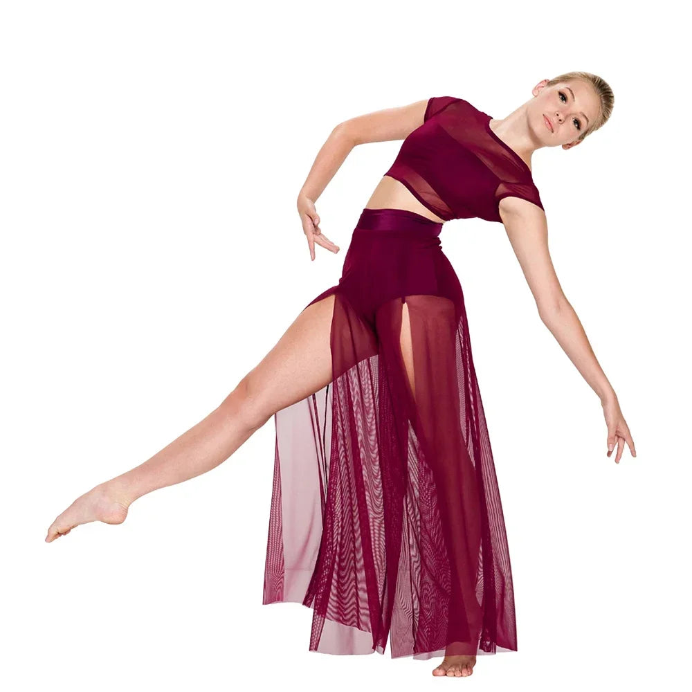 MiDee Modern Ballet Dance Set – Mesh Top & Wide Leg Pants for Women & Kids