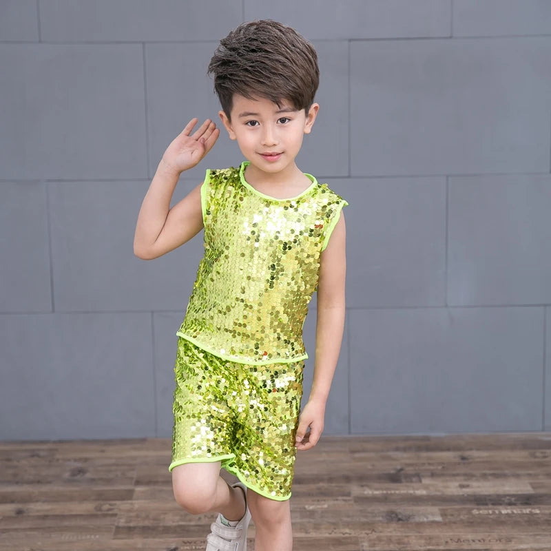 Children's Green Jazz Hip Hop Dance Dress with Sequins