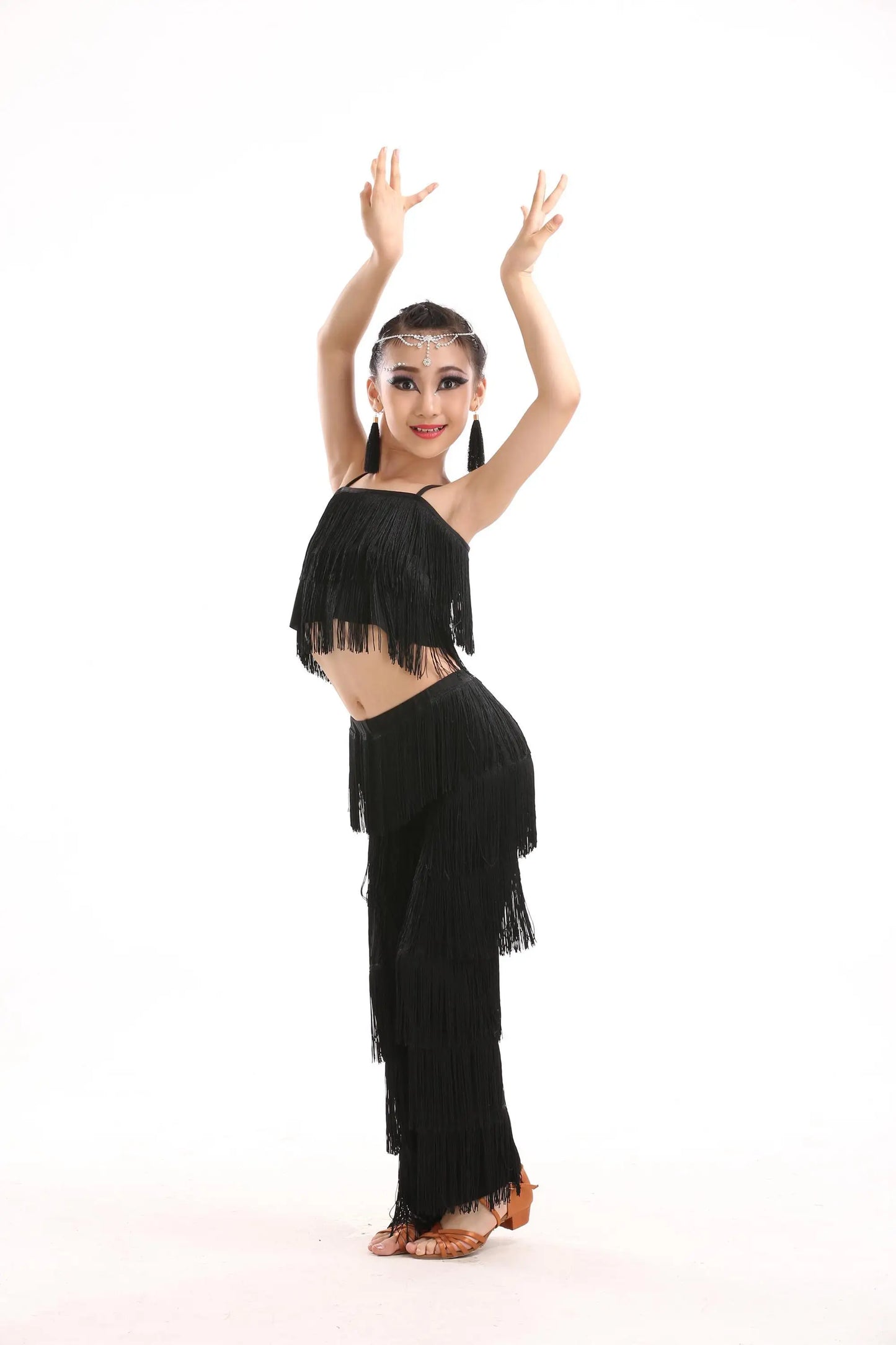 Kids Latin Dance Sequin Tassel Dress Pants - Salsa Samba Stage Costume