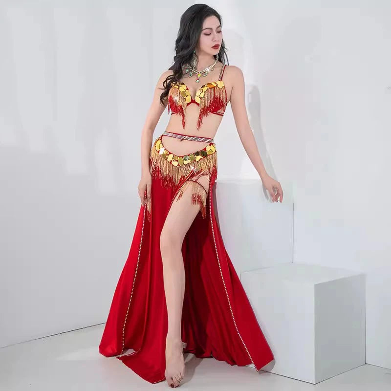 Women Egyptian Belly Dance Outfit with Sequins Bra, Skirt & Thigh Bands