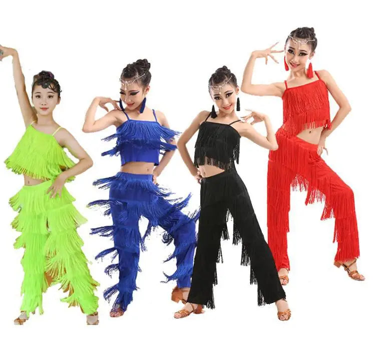 Kids Latin Dance Sequin Tassel Dress Pants - Salsa Samba Stage Costume