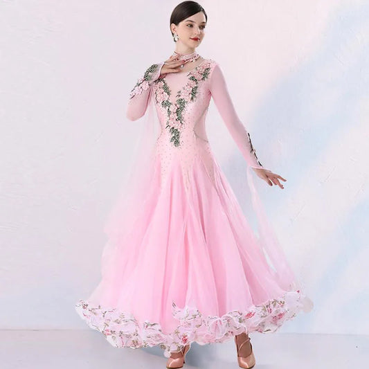 Pink Ballroom Dance Dress – Rhinestone Modern Waltz Competition Costume