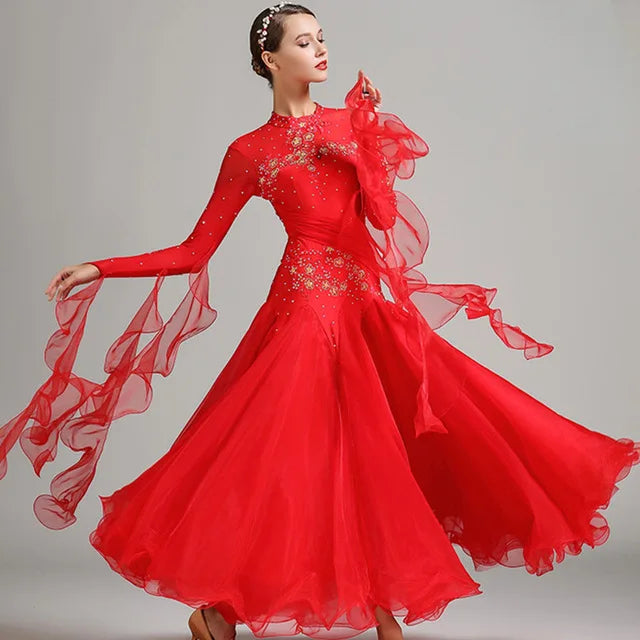 Stand Collar Waltz Dress with Ribbon Embroidery