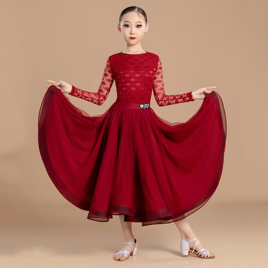 Girls Red Lace Bodysuit & Big Swing Skirt Ballroom Dance Costume