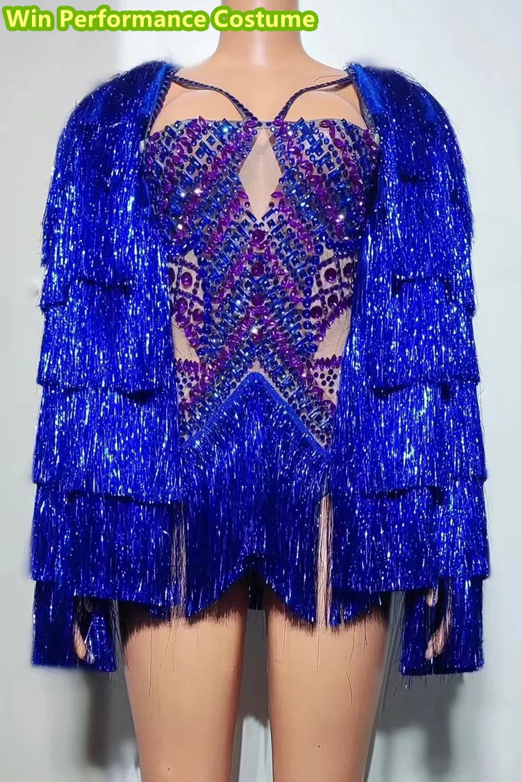 Tang Style Diamond Studded Backless Party Performance Costume with Tassel Jacket