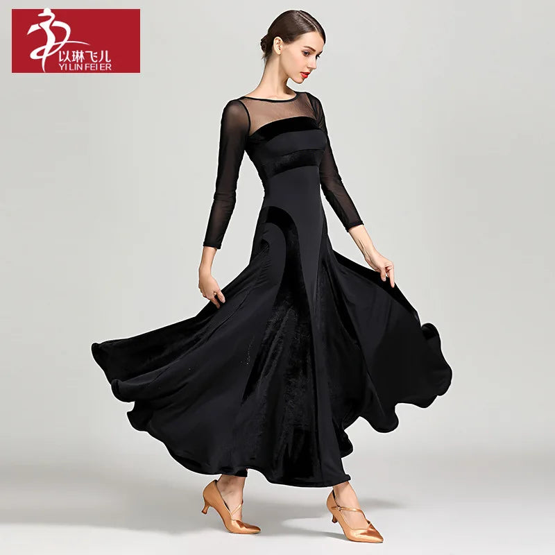 Velvet Women's Waltz Ballroom Dance Dress – Modern Standard Dance Costume