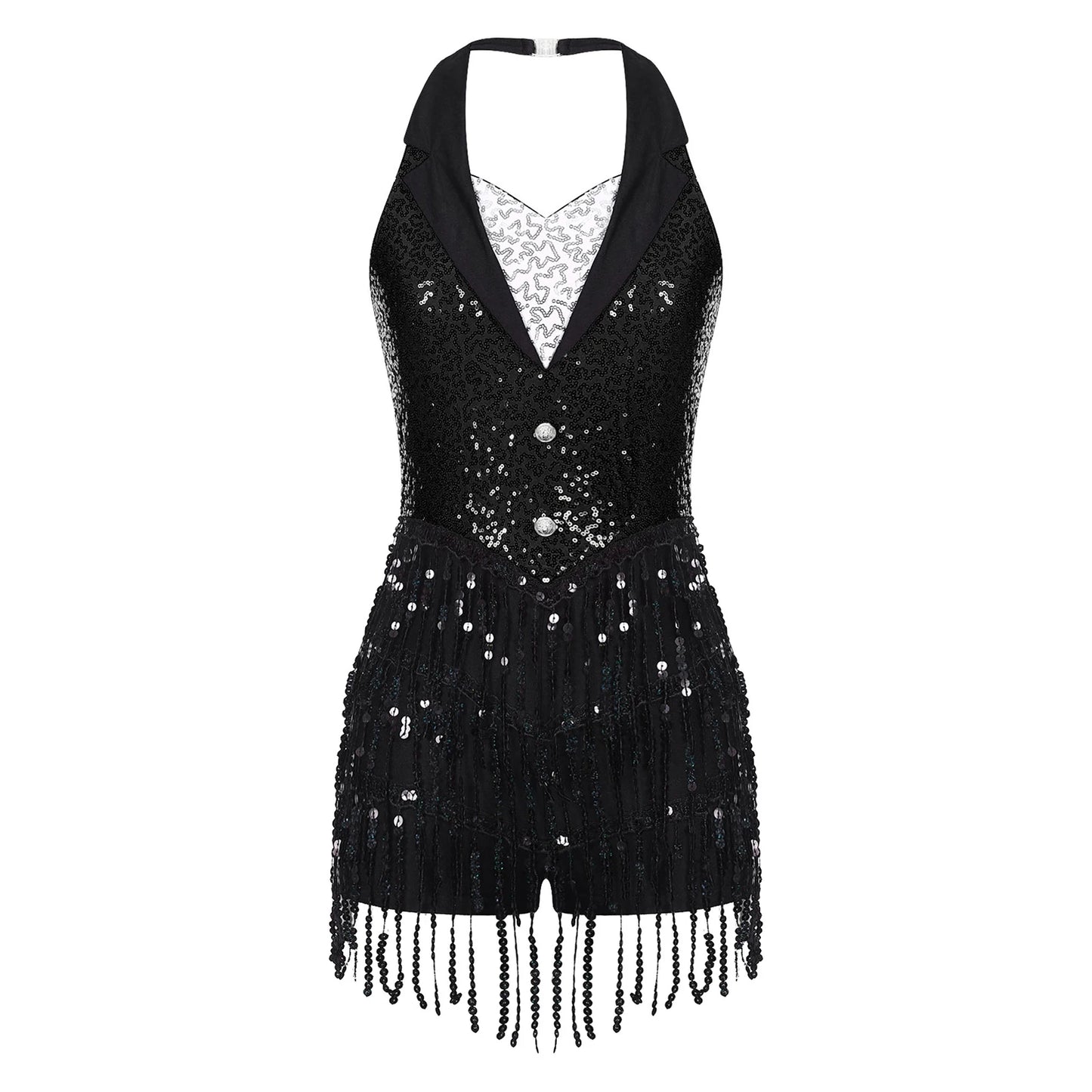 Sparkly Sequins Latin Dance Bodysuit with Tassels – Performance Leotard