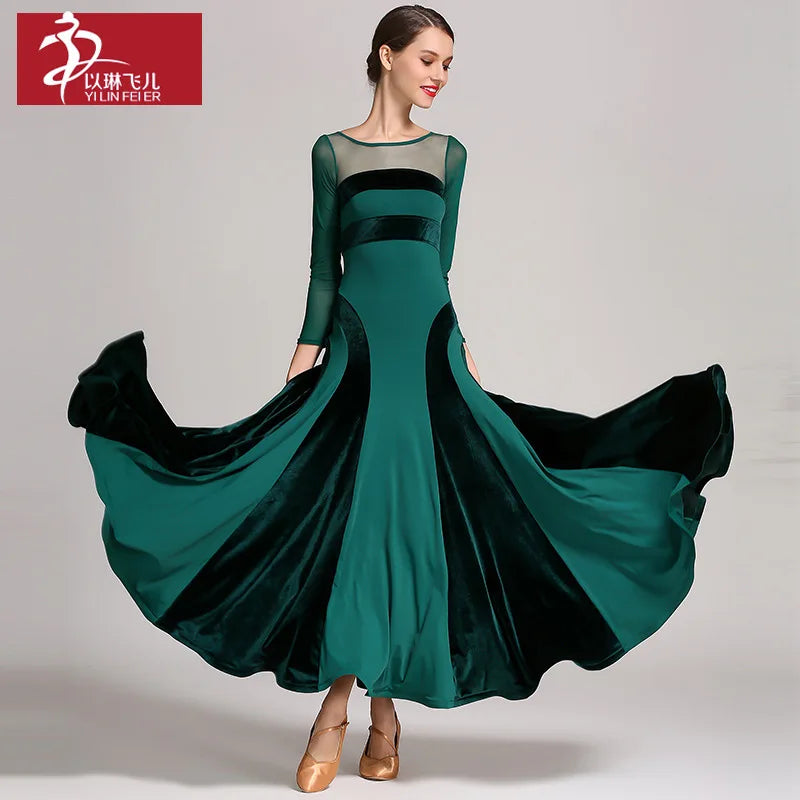 Velvet Women's Waltz Ballroom Dance Dress – Modern Standard Dance Costume