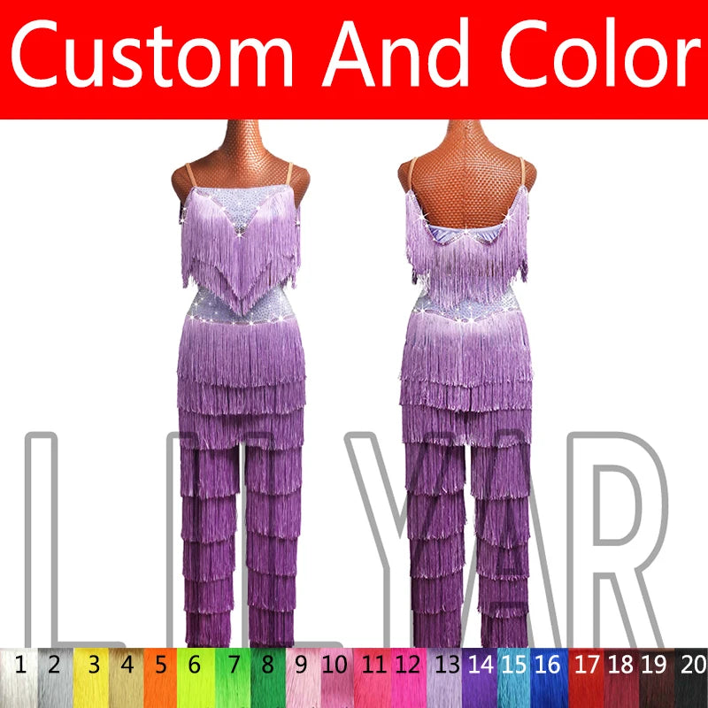 Purple Latin Dance Costume – Tassel Diamond Performance Pants & Split Skirt