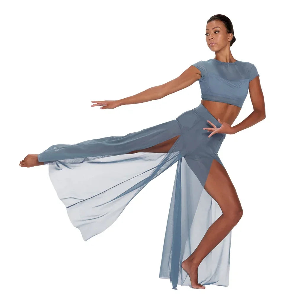 MiDee Modern Ballet Dance Set – Mesh Top & Wide Leg Pants for Women & Kids