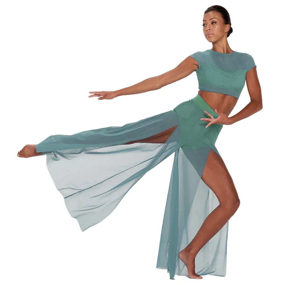 MiDee Modern Ballet Dance Set – Mesh Top & Wide Leg Pants for Women & Kids