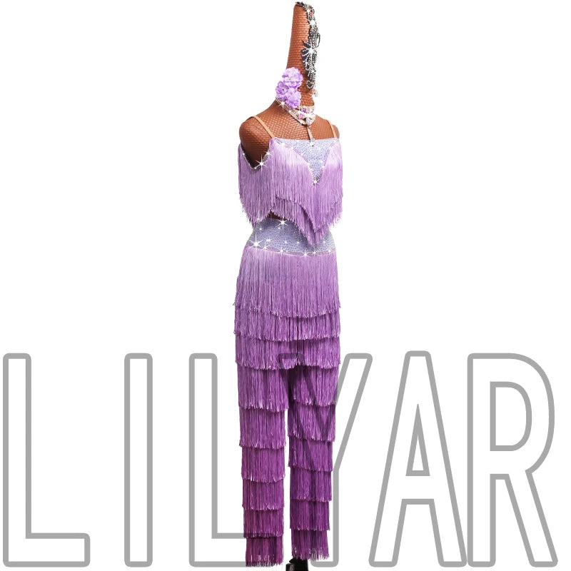 Purple Latin Dance Costume – Tassel Diamond Performance Pants & Split Skirt