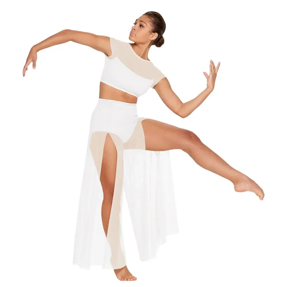 MiDee Modern Ballet Dance Set – Mesh Top & Wide Leg Pants for Women & Kids